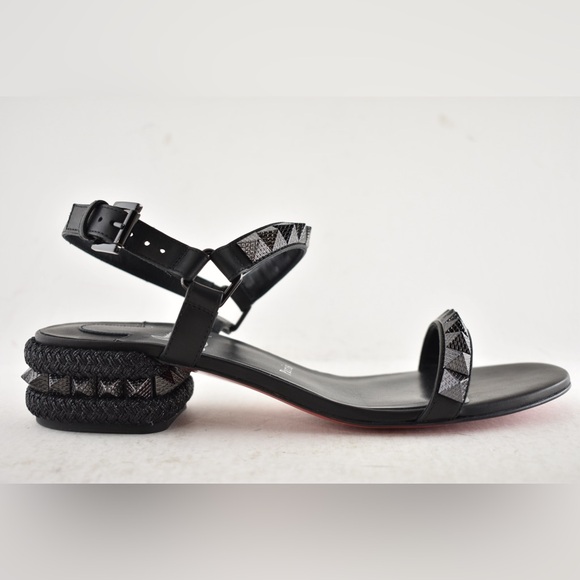 Christian Louboutin Pyrasand 30 Black Leather Block Heel Ankle Strap Sandal 35.5 - Picture 2 of 16